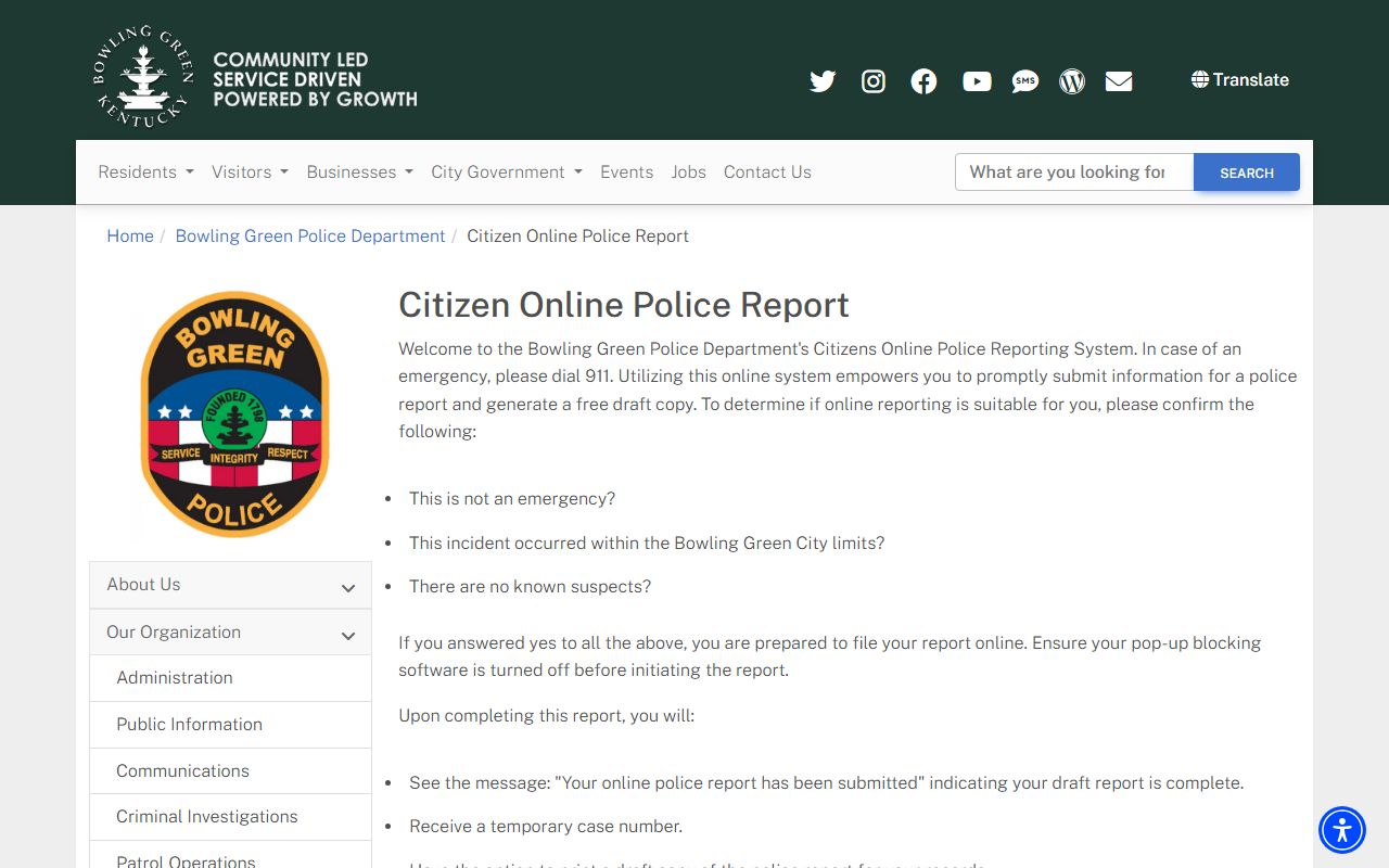 Bowling Green Police online reporting