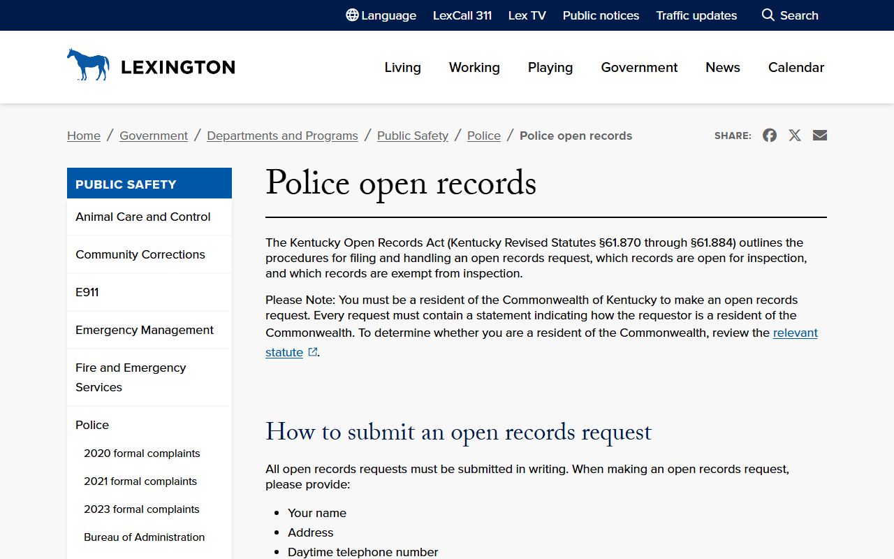 Lexington Police Open Records page