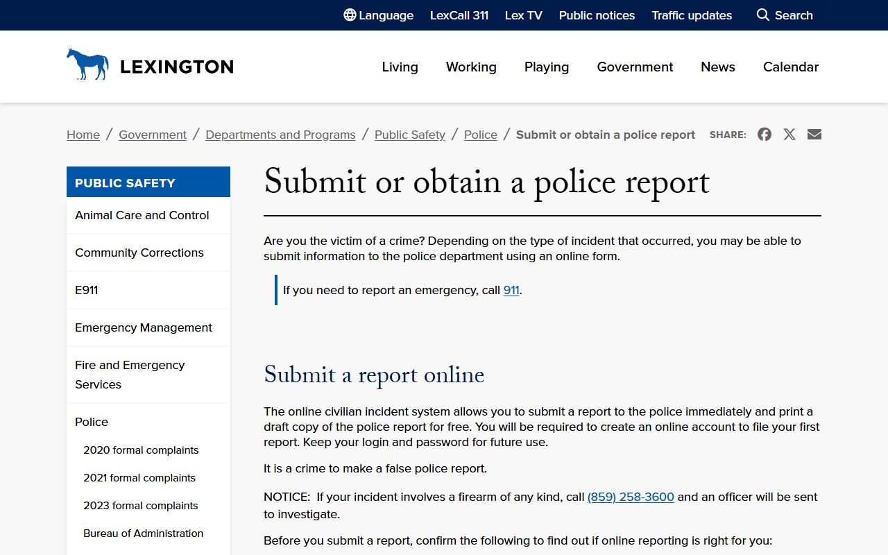 Lexington Police Reports page