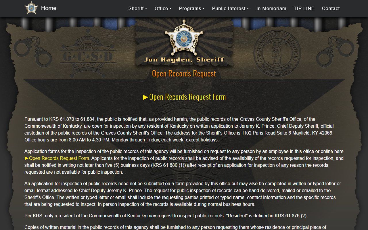 Graves County Sheriff records request page