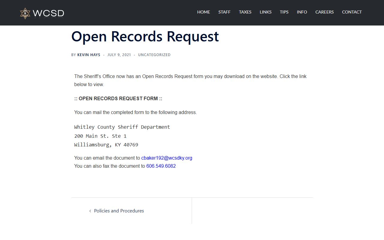 Whitley County open records request form