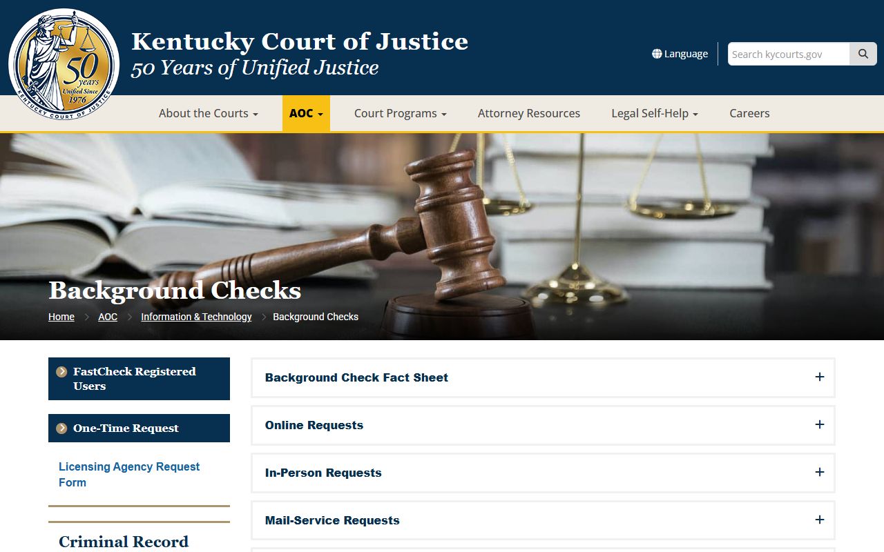Kentucky AOC FastCheck portal for criminal history background checks